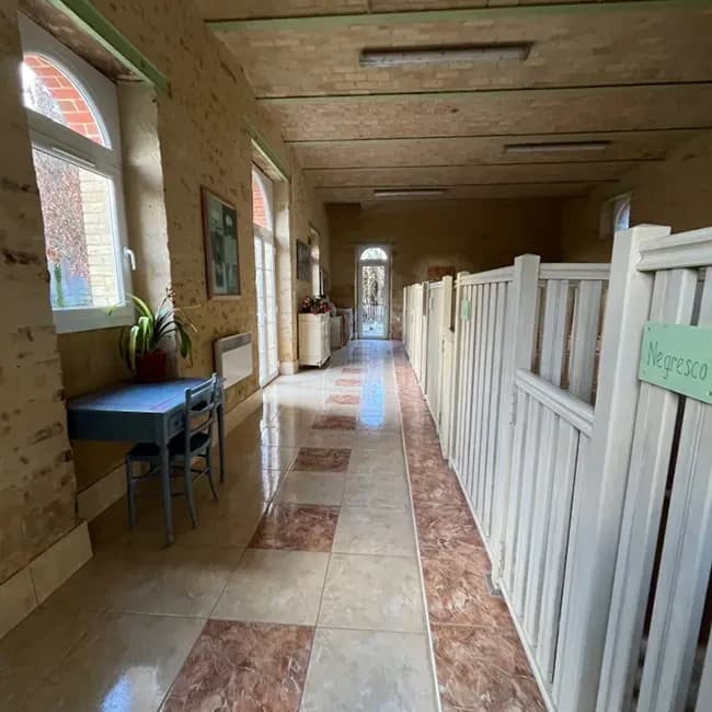 Allée carrelée et appartements de l’espace tranquillité
